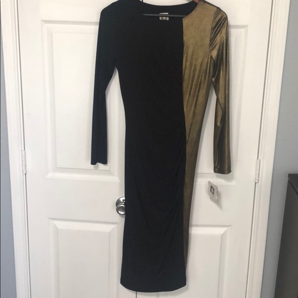Black and gold mid calf fitted dress